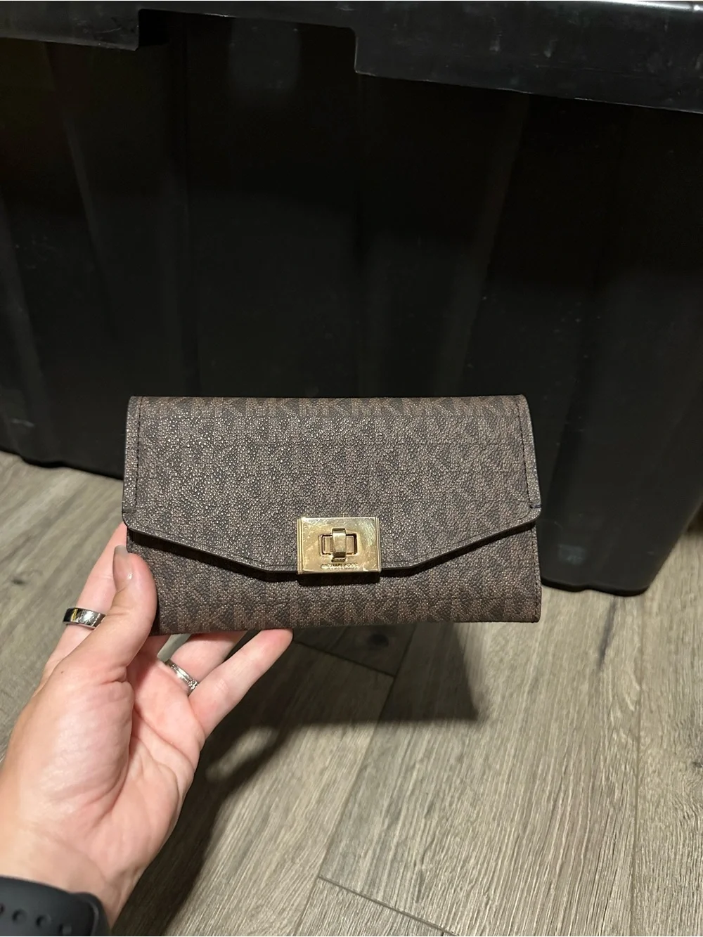 Michael Kors Brown Monogram Envelope Wallet with Gold Hardware